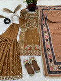 Chanderi cotton party wear top-Plazzo and dupatta with heavy embroidery work, digital print, and 3/4 sleeves. Indian-origin, XL size." (109 characters)