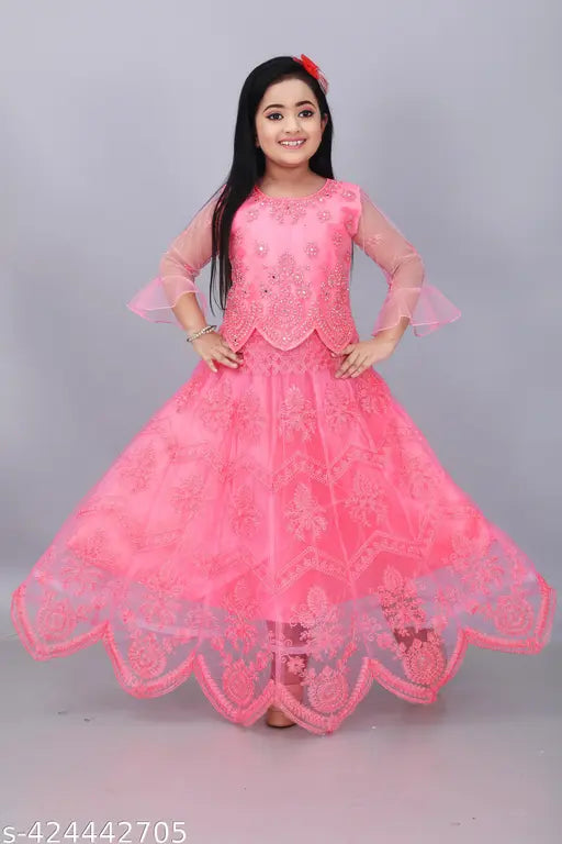 Embroidered net Lahenga Choli for kids, 3/4 sleeves, Aari work, ideal for festivals & events, India
