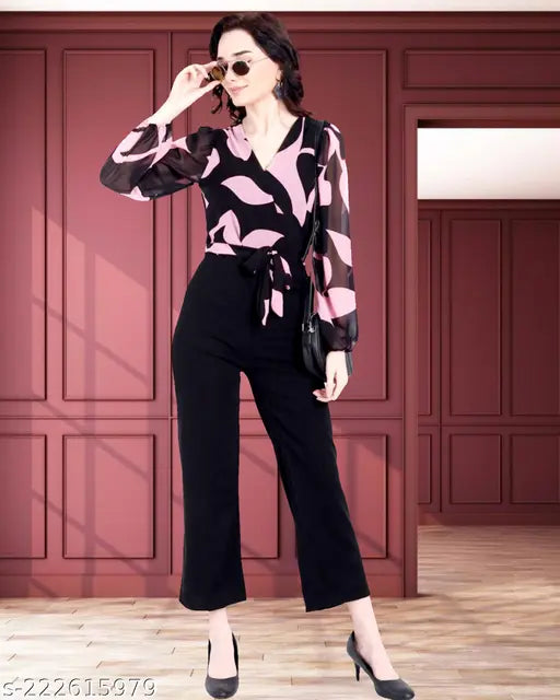 Georgette print cotton blend jumpsuit for women, long sleeves, floral design, daily or party wear