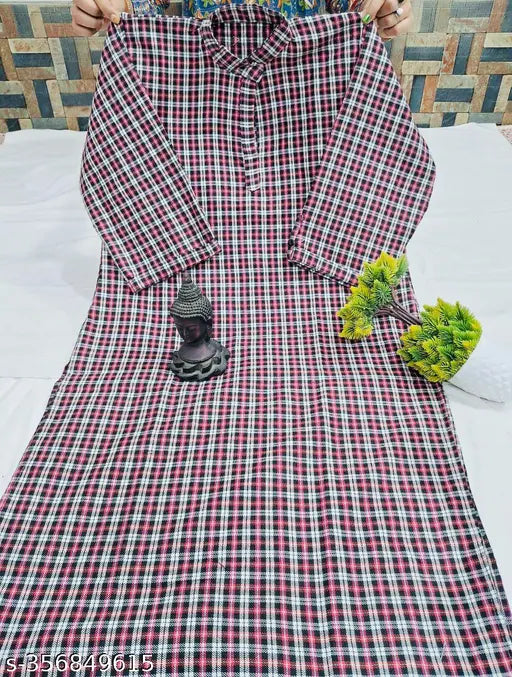Pink black woolen straight-length winter kurti with 3/4 sleeves, check pattern, suitable for casual or formal occasions