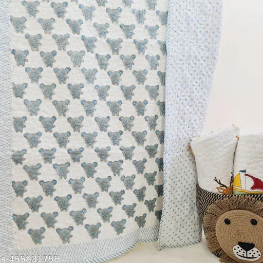 Assorted vibrant hand block print quilted mulmul cotton bedcover for kids, ideal for crib (45x165 cm), organic surgical cotton filling