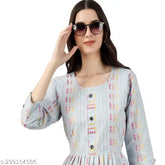 Cotton blend striped designer frock for girls, casual three-quarter sleeve dress with dori back detail, daily wear, India origin