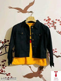 Denim twill black jacket & Pikachu t-shirt combo, three-quarter sleeves, solid pattern. Women's casual fashion combination on display