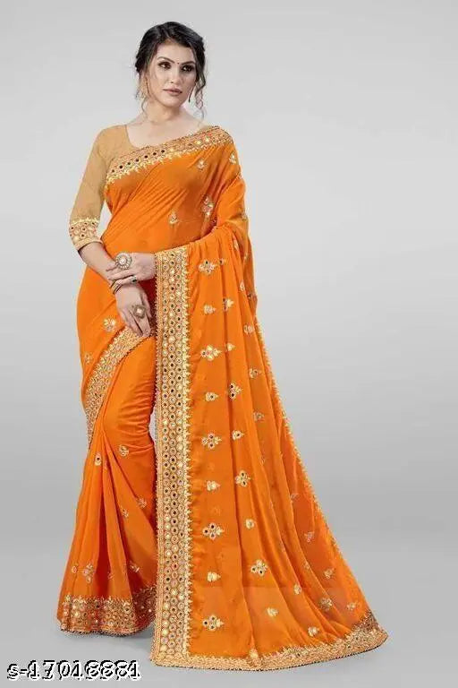 Embroidered Georgette saree with separate dupion silk blouse, Indian mirror trend fashion