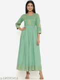 Green rayon printed Anarkali Kurta with embroidered gold design, ideal for parties or casual occasions. Authentic Indian product by INDIANIC