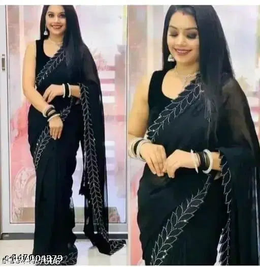 Black Georgette saree with embellished separate blouse in Art Silk, single free size (5.5m saree length, 0.9m blouse length), Indian-origin