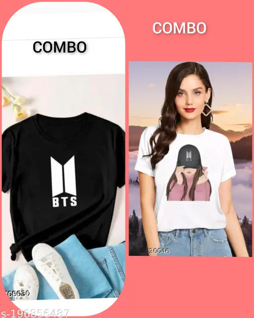 Black cap girl and pink BTS cotton t-shirt, printed net design on short sleeves, two pieces, women's sizes S-XL
