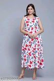 Pink and white printed rayon flared gown, sleeveless, round neckline, India origin