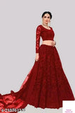 Maroon net lehenga-dhavani with embroidered top and dupatta, semi-stitched, Indian origin