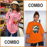 Trendy cotton blend oversized printed round neck t-shirt combo pack for women and girls (XS-XL), vibrant colors on display