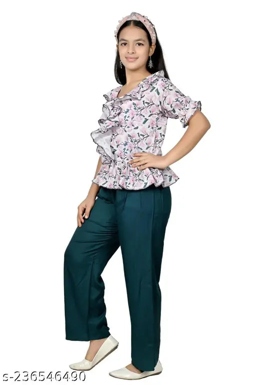 Multicolor cotton blend girls dress pack: 8-13 yrs, 2-piece set (white top, grey palazzo)