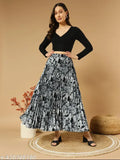 Premium lightweight printed A-line long skirt, crepe fabric, casual to formal wear, effortless elegance, women's fashion for warm seasons, size 26-38 (waist 26-38in, length & hip sizes correspond)