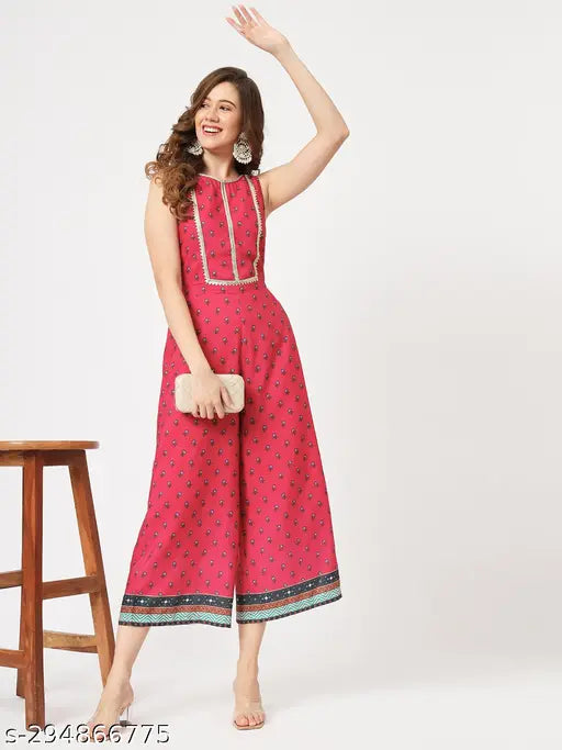 Vibrant viscose rayon jumpsuit, Indian wedding-inspired allover digital print, sleeveless, elastic waist, XS (32-26-40)