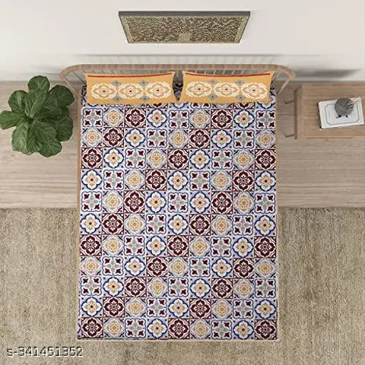 Mosaic printed multicolour 100% cotton flat sheets, ethnic motifs for summer adult use. 2 pillow covers included, 200 thread count