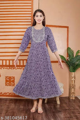 Purple rayon Anarkali kurti, three-quarter sleeves, printed combo. Indian women's fashion wear on mannequin