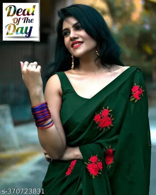 Georgette green saree with puff sleeve blouse, embroidered design, black velvet shawl, free size, Indian origin