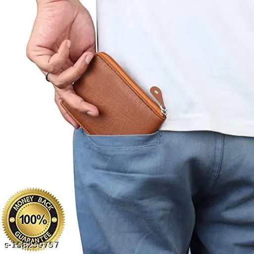 Trendy faux leather black wallet for men, compact bifold design with ID window, coin pocket, and multi-card slot. Top selling men's simple purse, free size (11cm x 9cm)