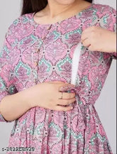 Viscose Rayon printed maternity Anarkali kurta with three-quarter sleeves, lace edge, and wooden buttons, adjustable waist for breastfeeding, comfortable cotton fabric. Indian maternity fashion wear on hanger