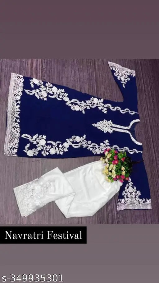Blue Georgette and Silk Kurta Set with Palazzos, embroidered net, three-quarter sleeves for women