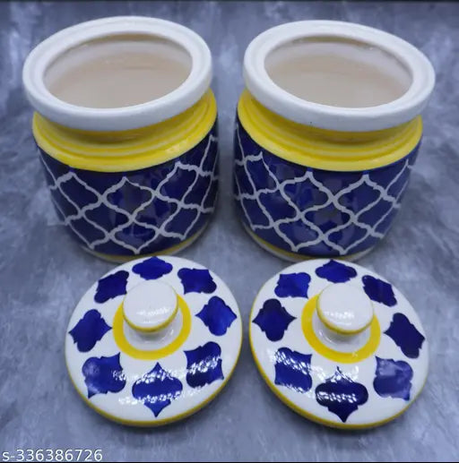 Yellow ceramic pickle jar storage container (1200ml x 2) for dining table, Indian traditional style with lids