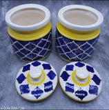 Yellow ceramic pickle jar storage container (1200ml x 2) for dining table, Indian traditional style with lids