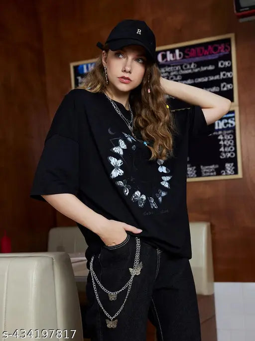 Cotton oversize women's t-shirt pack of 2, printed round neck half sleeve with three-quarter sleeves, vibrant design on Indian-made apparel