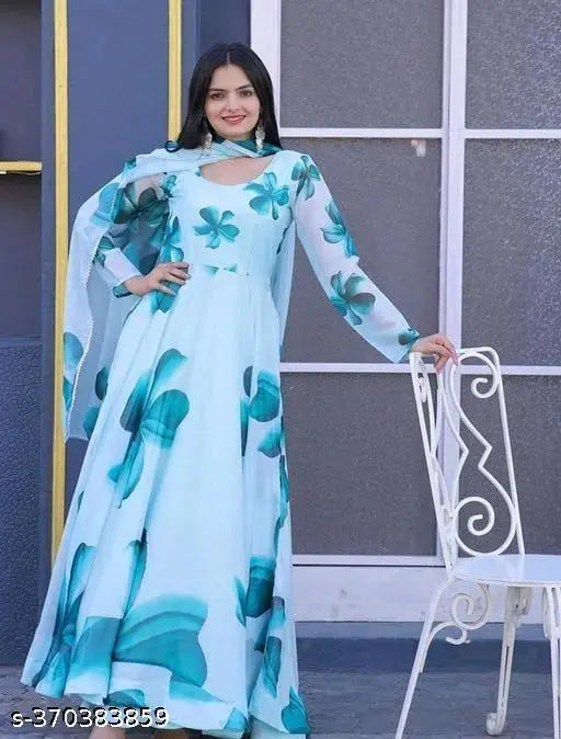 Floral print Georgette stitched flared A-line gown (sky), long sleeve, printed net, women's formal wear from India