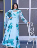 Floral print Georgette stitched flared A-line gown (sky), long sleeve, printed net, women's formal wear from India