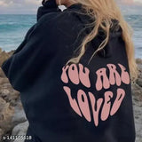 Black-Pink printed hoodie sweatshirt with 'You Are Loved' slogan, kangaroo pockets and hooded cap, fleece material for winter season, made in India (size chart attached)