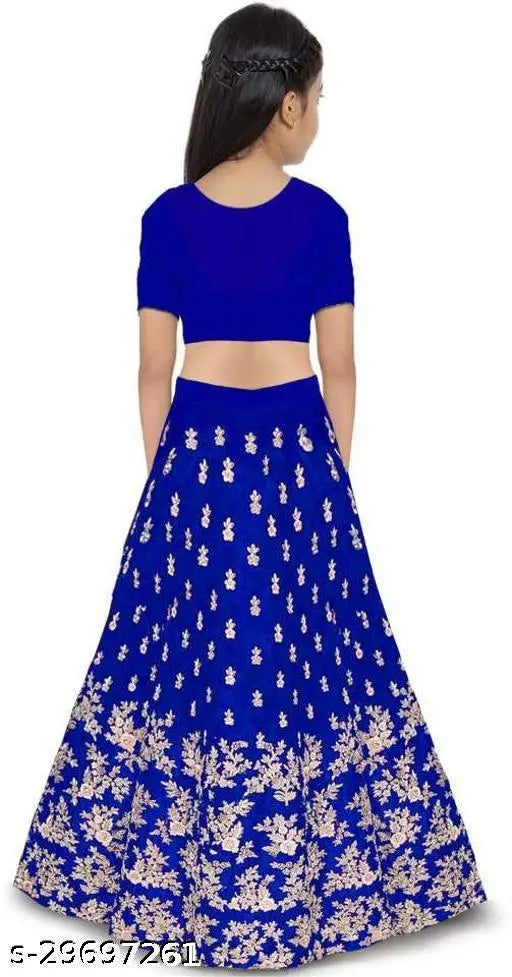 Lightblue satin lehenga-choli set for kid girls, embellished with intricate stitching and net dupatta, traditional Indian fashion from NIBKA Fashion for parties and occasions