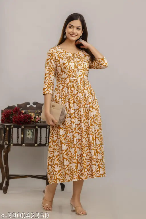 Rayon three-quarter sleeves floral printed kurti dress for women, vibrant Indian floral Anarkali style