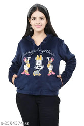 navy blue wool girls sweatshirt & hoodie printed long sleeves, vibrant design for kids fashion