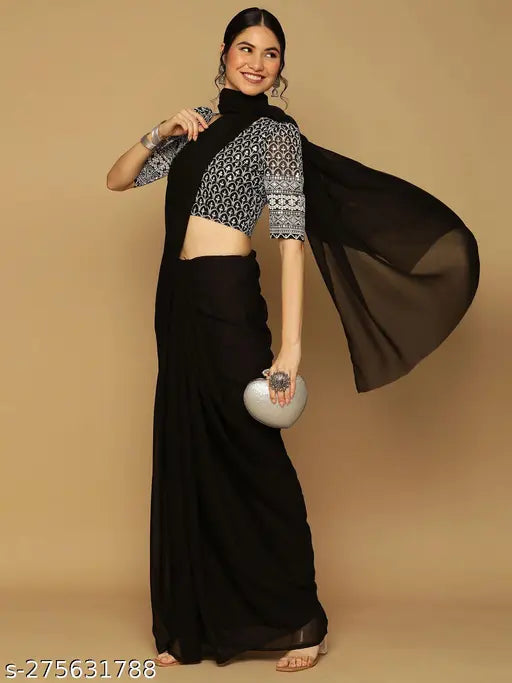 Georgette Zomato blooming saree with Schiffli embroidered blouse, free size, high-quality Indian ethnic wear with vibrant colors and smooth finish