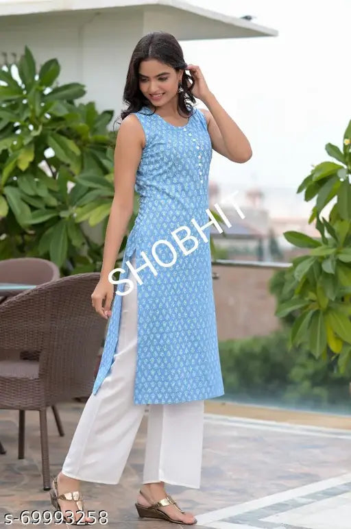Rayon sleeveless kurta with printed pant set, pack of 2 for women's fashion