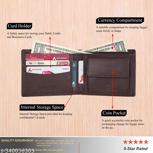 Brown genuine leather RFID wallet with pen & keychain combo set (3 card slots), hand-stitched for a premium look and feel, perfect for formal occasions