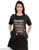 Women's printed round neck cotton t-shirt with pyjama set - long length, half sleeves, regular fit