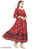 Rayon printed Anarkali long gown, vibrant combo, three-quarter sleeves. Women's fashion wear on mannequin