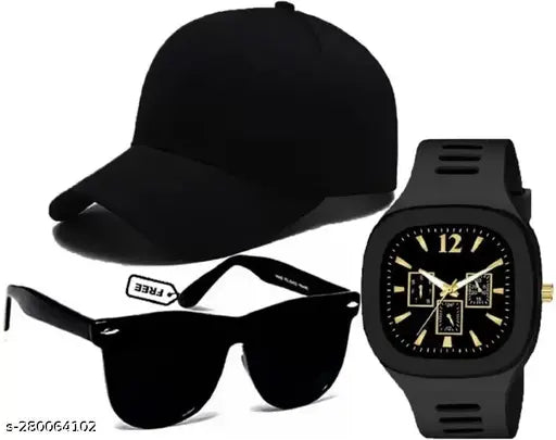 Sporty black baseball cap, black square dial analog watch, black way-fair sunglasses set for men and boys - athletic accessories in solid black color, made of cotton, originated from India