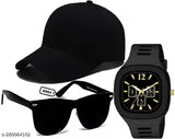 Sporty black baseball cap, black square dial analog watch, black way-fair sunglasses set for men and boys - athletic accessories in solid black color, made of cotton, originated from India