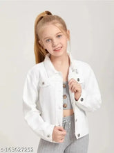 White cotton denim jacket for kids, fancy new stylish design with long sleeves, solid pattern. Size options include 5-6 years, 7-8 years, 9-10 years, and 11-12 years. Made in India