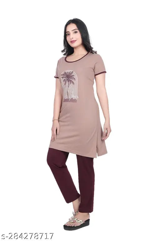 Clint Summer casual round neck half sleeve polycotton printed nightsuit for women's (pack of 2), soft, comfortable, and stylish