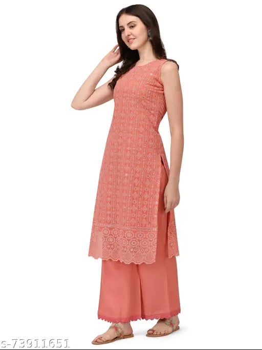 Chikankari embroidered georgette kurta & viscose palazzos, premium ethnic Indian attire for women