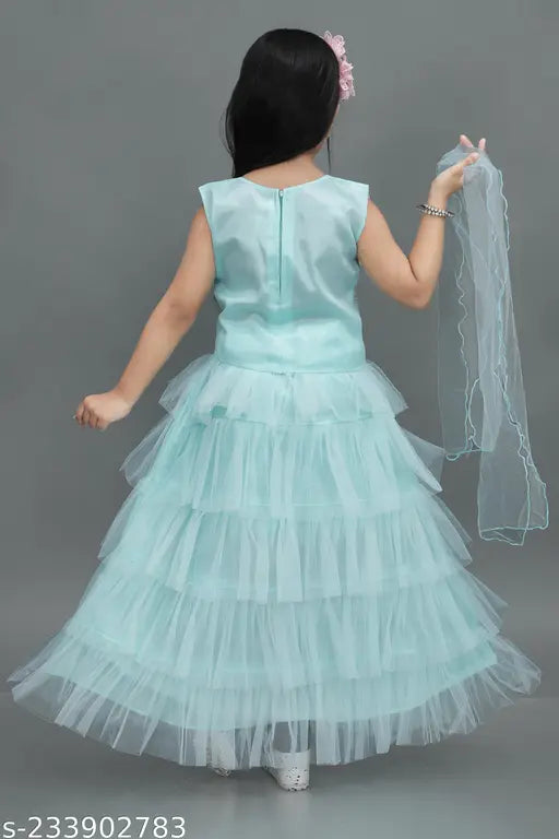 Sea blue net and chanderi silk Choli Lehenga with dupatta - Embroidered ruffle stitch, great for special occasions. Baby girl's fashion from HAYAT LIFE, India