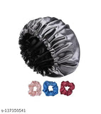Grey satin silk bonnet cap with premium silk scrunchies for curly hair - protects, reduces friction, adjustable size