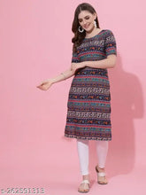 Aqua blue poly crepe kurti with floral mandarin print, suitable for women in sizes XS to XXL. Worn on a model