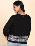 Black rayon pleated tie-dye top, solid net pattern, three-quarter sleeves, breathable & soft, size S-XL, Indian-made