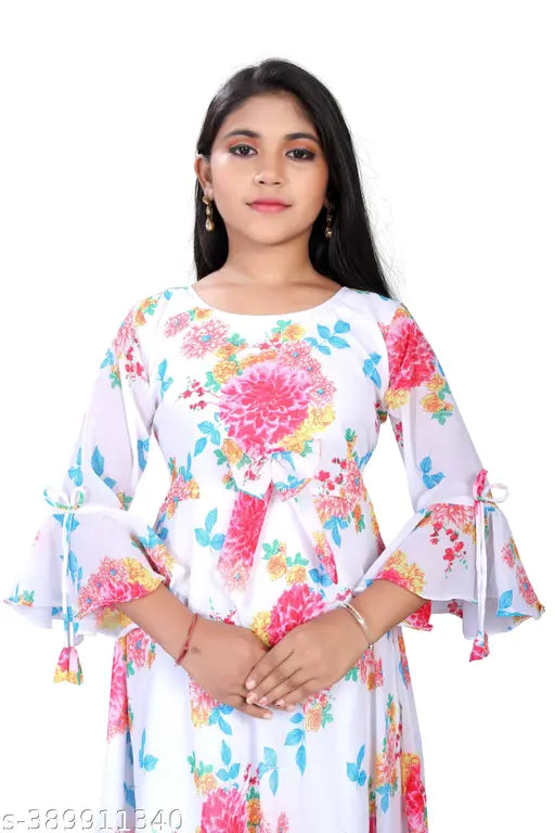 Cotton blend printed party gown with dupatta for girls 12 years, children's formal wear with three-quarter sleeves