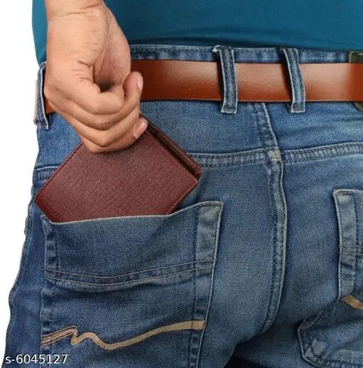 Stylish men's brown two-fold leather wallet, solid pattern, 2 compartments, free size (11cm x 5cm), trendy accessory from India