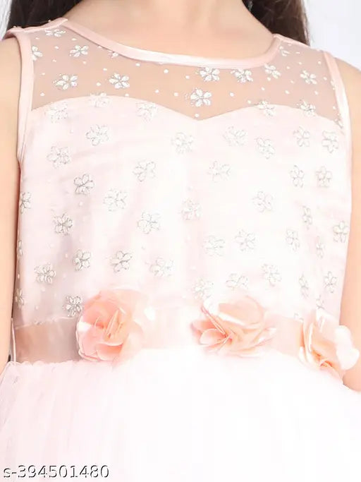 Light peach flared net dress, embellished party wear for girls aged 1-11, Indian origin