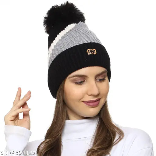 Woolen colorblocked beanie, warm winter woolen cap with fur-lined pom-pom (PinKit Women's Snow Proof)